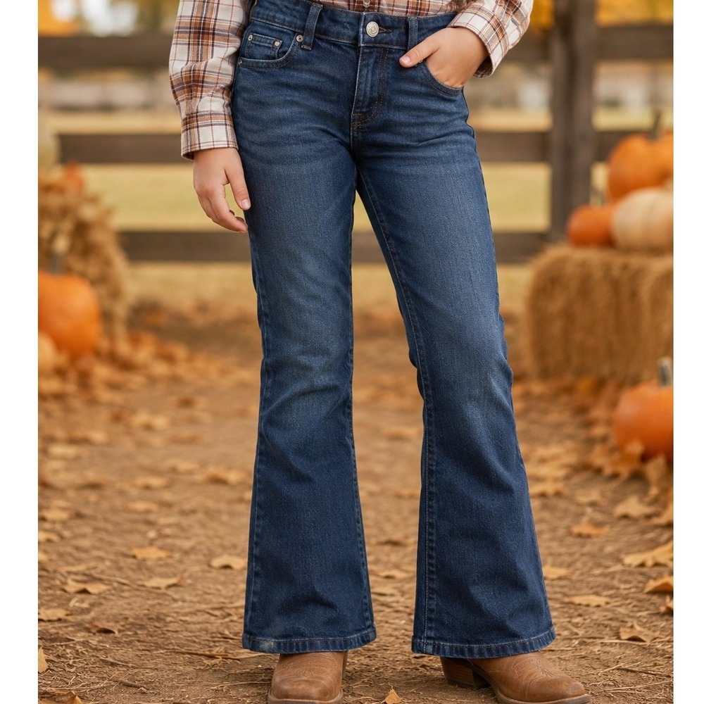 Cat & Jack Girls Dark Wash Flare Stretch Jeans Size 10 Button Flap Pockets Blue